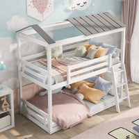 Convertible Twin-Over-Twin House Bunk Bed with Roof, Can Be Separate into 2 Beds with Convertible Ladder and Guardrail, Solid Wood Low Bunk Bed for Boys Girls, White
