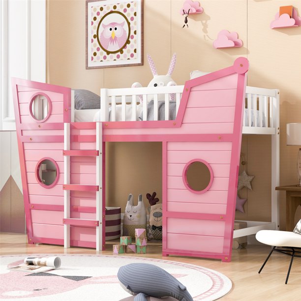 Twin Size Loft Bed with Underbed Storage Space, Boat Shaped Kids Loft Bed with Safety Guardrails and Ladders, Wood Low Loft Bed for Kids Boys Girls, Pink