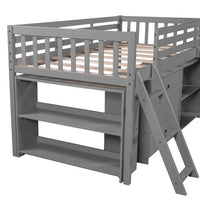 Twin Size Loft Bed with Storage, Wooden Loft Bed Frame with Slide & Bookcases & 3-Tier Drawers, Convertible Ladder and Slide, Low Loft Bed for Kids Girls Boys, No Box Spring Needed, Gray