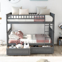 Full Over Full Bunk Bed with 2 Storage Drawers, Wooden Bunk Bed Frame with Full-length Guardrails and Ladders for Boys Girls Teens Adults, Can be Convertible into 2 Beds, No Box Spring Needed, Grey