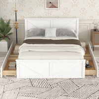 Queen Size Platform Bed Solid Wood Platform Bed with Four Storage Drawers and Support Legs, No Need Spring Box, White