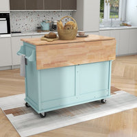 Kitchen Cart with Rubber wood Drop-Leaf Countertop, Concealed Sliding Barn Door Adjustable Height,Kitchen Island on 4 Wheels with Storage Cabinet and 2 Drawers,Mint Green