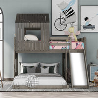 Twin Over Full Wooden Bunk Bed with Ladder and Slide, Loft Bed Frame with Playhouse, Farmhouse and Safety Guardrails for Kids Toddlers, Boys and Girls, Space-Saving, No Box Spring Needed, Antique Gray