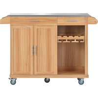 51" Kitchen Cart with Stainless Steel Top and Storage Cabinet, Kitchen Island on Wheels with 2 Drawers & Goblet Holder & Wine Rack & Spice Rack & Towel Holder for Kitchen Dining Room