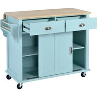 Kitchen Cart with Rubber wood Drop-Leaf Countertop, Concealed Sliding Barn Door Adjustable Height,Kitchen Island on 4 Wheels with Storage Cabinet and 2 Drawers,Mint Green