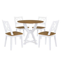 5-Piece Round Dining Table Set, Mid-Century Design Kitchen Furniture Set with 4 Cross Back Dining Chairs, Kitchen Table Set for 4 with Trestle Legs for Small Places Kitchen Dining Room, White