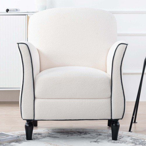 Linen Fabric Accent Chair with Solid Wood Legs, Mid Century Modern Armchair,Tufted Upholstered Comfy Reading Accent Chairs Single Sofa for Living Room, Bedroom,White