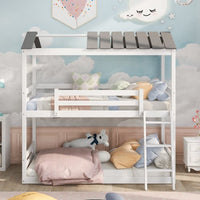 Convertible Twin-Over-Twin House Bunk Bed with Roof, Can Be Separate into 2 Beds with Convertible Ladder and Guardrail, Solid Wood Low Bunk Bed for Boys Girls, White