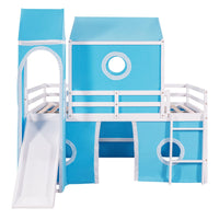 Playhouse Loft Bed,Full Size House Bunk Bed with Slide,Blue Tent and Tower,Solid Wood Bunk Bed Frame with Roof Design and Fence Shaped Guardrails,Castle-Shaped Bunk Bed for Kids Boys Girls,Blue