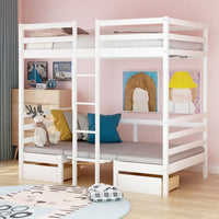 Functional Wood Twin over Twin Bunk Bed, Convertible Dorm Loft Bed with Desk and Two Storage Drawers,for Kids,Teens,No Box Spring Needed,White