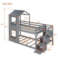 Twin Over Twin House Bunk Bed with Storage Stairs, Solid Wood Bunk Bed Frame with Roof, Window, Guardrail, Ladder, for Kids Girls Boys, Gray