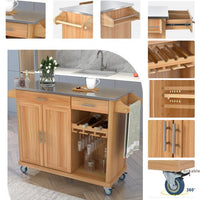 51" Kitchen Cart with Stainless Steel Top and Storage Cabinet, Kitchen Island on Wheels with 2 Drawers & Goblet Holder & Wine Rack & Spice Rack & Towel Holder for Kitchen Dining Room