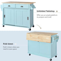 Kitchen Cart with Rubber wood Drop-Leaf Countertop, Concealed Sliding Barn Door Adjustable Height,Kitchen Island on 4 Wheels with Storage Cabinet and 2 Drawers,Mint Green